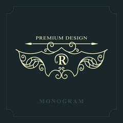 Line graphics monogram. Elegant art logo design. Letter R. Graceful template. Business sign, identity for Restaurant, Royalty, Boutique, Cafe, Hotel, Heraldic, Jewelry, Fashion. Vector elements
