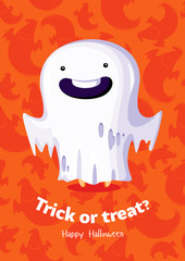 Halloween vector poster trick or treat with ghost on seamless background