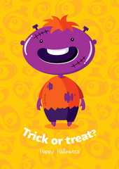 Halloween vector poster trick or treat with zombie on seamless background