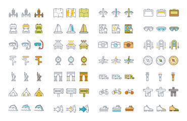 Set Vector Flat Line Icons Travel and Adventure