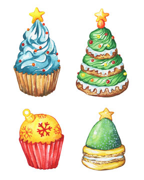 Set cupcake a christmas tree shape, sugar star. Christmas decoration for greeting card, invitation, paper. New Year. Watercolor hand drawn painting illustration isolated on white background.