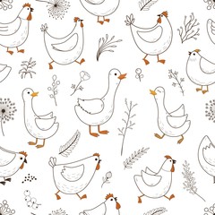 Seamless pattern with cartoon domestic birds