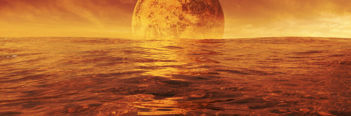 huge alien planet rising over the ocean of a golden lit water world