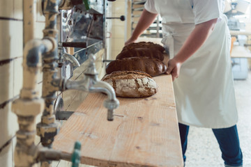 Frisches Brot auf einem Brett in Backhaus einer Bäckerei