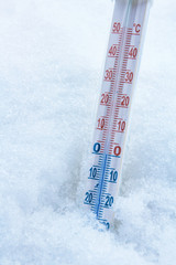Thermometer in snow in winter, concept of frost, cold weather and hydrometric studies