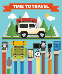 Obraz premium Time to Travel modern flat design with jeep,summer holiday .Vector illustration