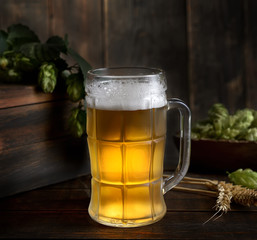 Still life with a glass of beer and hop.