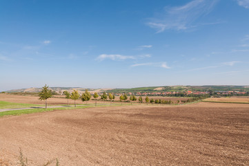 Fototapeta na wymiar Road and field on land, near small village in background