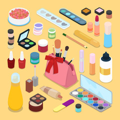 Isometric Make-up Cosmetics Products. Lipstick Mascara Nail Polish Brush. Vector flat 3d illustration