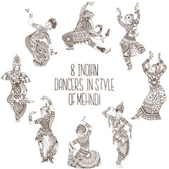 Set of Indian dance poses. 8 dancers in the style of mehendi.