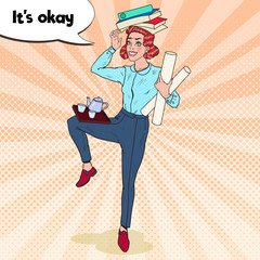 Pop Art Multitasking Business Woman at Work. Overload Office Worker. Vector illustration
