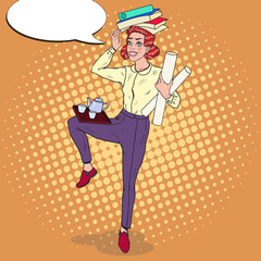 Pop Art Multitasking Business Woman at Work. Overload Office Secretary. Vector illustration