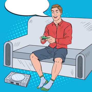 Pop Art Guy Playing Videogame on a Game Console. Computer Gaming. Vector illustration