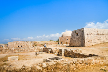 Mosque of Sultan Ibrahim against the blue sky in the Venetian Fortress (Fortezza) of Rethymno. Crete, Greece