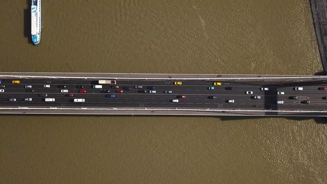 Top down aerial view - Traffic on Elisabeth bridge, Budapest, Hungary.