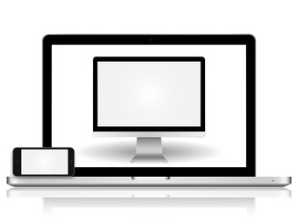 Realistic set in apple technology modern monitor, macbook, iphone, isolated on a white background, vector illustration