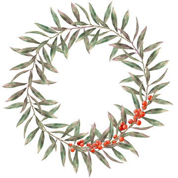 Watercolor elegant autumn wreath. Hand painted floral branch with leaves, red berries  isolated on white background. Botanical border for design, print.
