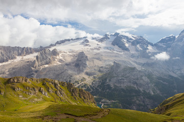 Fototapeta premium view of Marmolada glacier from Arabba cable car