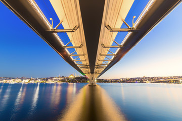 Long exposure aesthetic view of Halic Metro Bridge during the twilight