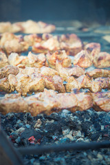 Barbecue. Fried shish kebab from pork meat. Fried chicken meat. Lamb on charcoal