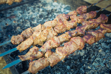 Barbecue. Fried shish kebab from pork meat. Fried chicken meat. Lamb on charcoal