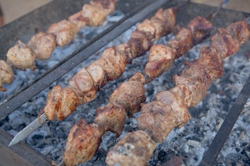 Barbecue. Fried shish kebab from pork meat. Fried chicken meat. Lamb on charcoal