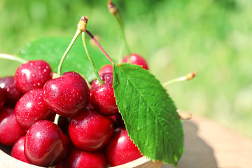 Bowl with tasty ripe cherries on table outdoors, closeup