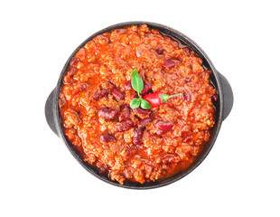 Chili con carne in frying pan on white background