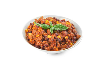 Chili con carne in bowl on white background