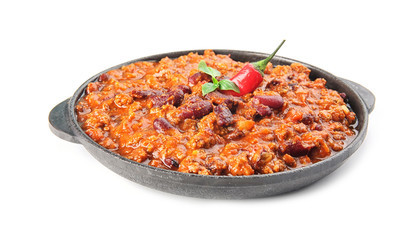 Chili con carne in frying pan on white background