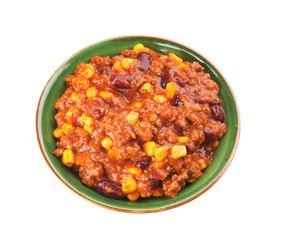 Chili con carne in bowl on white background