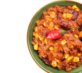 Chili con carne in bowl on white background