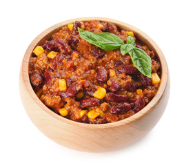 Chili con carne in wooden bowl on white background