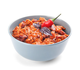 Chili con carne in bowl on white background