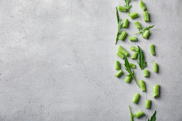 Fresh green beans on grey background