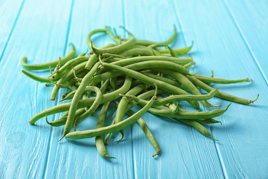 Fresh green beans on table