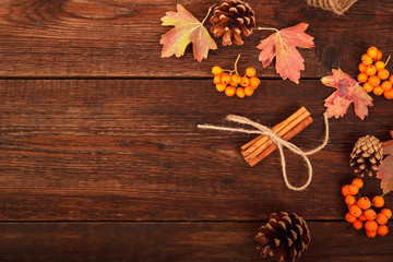 Autumn concept. Red-yellow leaves, rowan berries, cinnamon and pine cones on a wooden background. Space for text.
