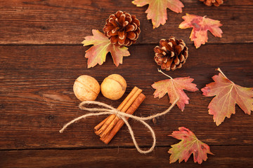Autumn concept. Red-yellow leaves, walnuts, cinnamon and pine cones on a wooden background. Space for text.