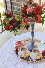autumn wedding still life. coffee morning. decoration, floral arrangement