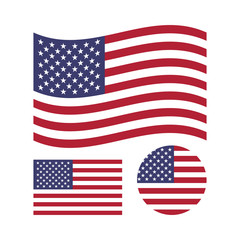 Naklejka premium Zestaw flagi amerykańskiej. Prostokątna, falująca i okrągła flaga USA. Symbol narodowy Stanów Zjednoczonych. Ikony wektorowe