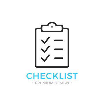 Checklist Line Icon. Clipboard With Checkmarks. List With Ticks, Check Marks. Task Is Done, Work Is Finished Concept. Black Vector Checklist Icon