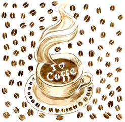 Чашка с горячим кофе на блюдце, в горячем кофе надпись 