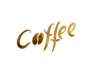 Надпись кофе, кофейное зерно. Акварель