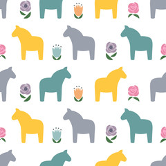 Scandinavian style pattern with traditional horses and flowers. Cute animal illustration card. Decorative seamless background. Design for textile, wallpaper, fabric, decor.