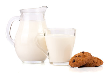 jug of milk with oatmeal cookies isolated on white background