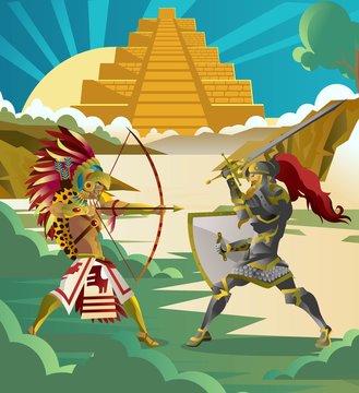 european knight fighting an aztec warrior in the jungle