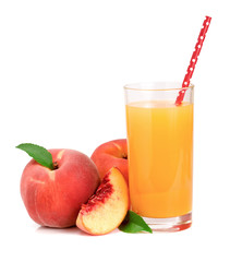 Glass of fruit juice with straw and cut peaches isolated on white background