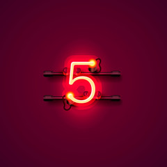 Neon city font sign number 5, signboard five. Vector illustration