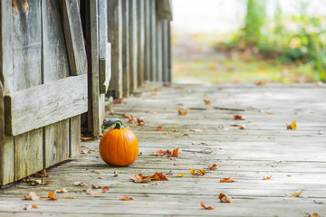 Small pumpkin sitting on wooden deck outside rustic barn doors, autumn leaves on ground