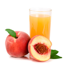 Glass of fruit juice and cut peaches isolated on white background